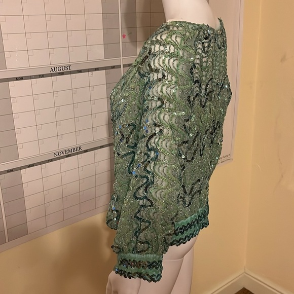 Vintage St. Martin 80s Cropped Top Green Sequin Blouse Bell Sleeve Peek S/M - Picture 8 of 11